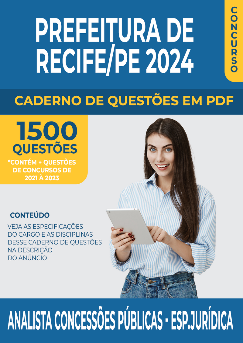 Apostila de Questões para Concurso da Prefeitura de Recife/PE 2024 para Analista de Concessões Públicas - Esp. Jurídica - Mais de 1.500 Questões Gabaritadas | loja123shop