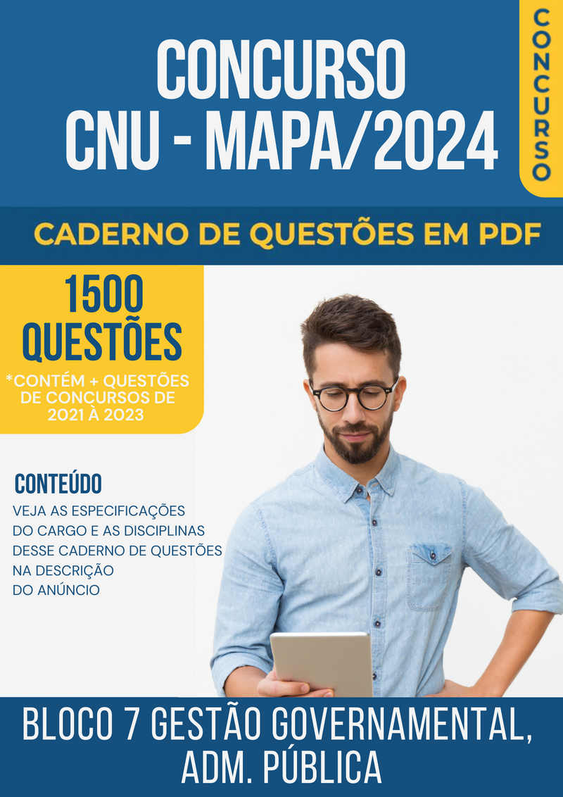 Apostila de Questões para Concurso CNU/MAPA 2024 Bloco 7 Gestão Governamental Administração Pública - Mais de 1.500 Questões Gabaritadas | loja123shop