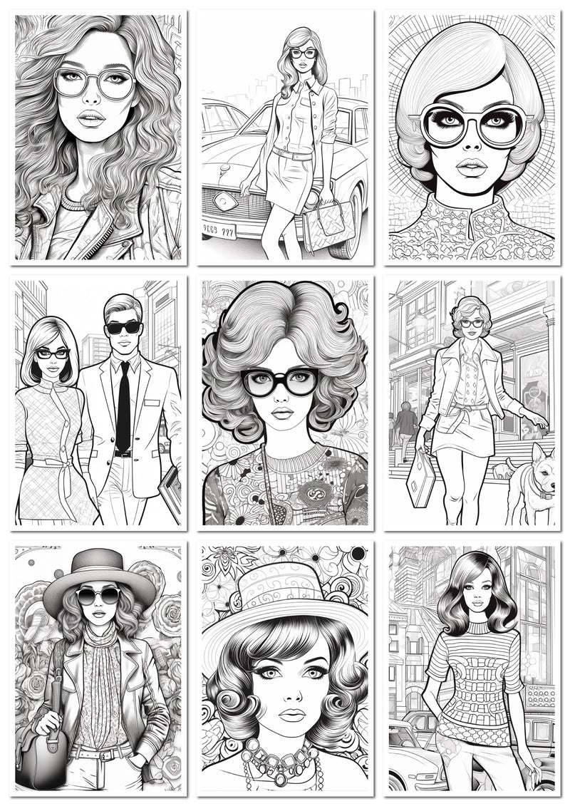 Livro de Colorir para Imprimir da Moda Anos 60 - 50 Imagens em Formato PDF - Acesso Imediato | loja123shop