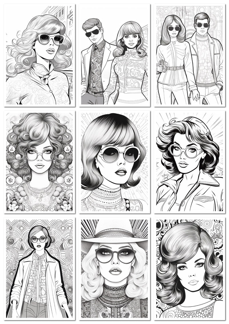 Livro de Colorir para Imprimir da Moda Anos 60 - 50 Imagens em Formato PDF - Acesso Imediato | loja123shop