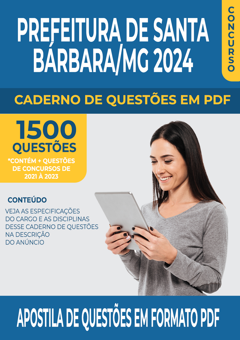 Apostila de Questões para Concurso da Prefeitura de Santa Bárbara/MG 2024 para Professor de Artes Plásticas - Mais de 1.500 Questões Gabaritadas | loja123shop