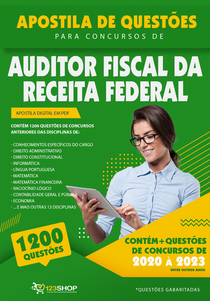 Apostila de Questões para Concursos de Auditor Fiscal da Receita Federal - Mais de 1.200 Questões Gabaritadas | loja123shop