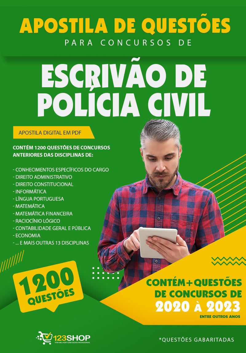 Caderno de Questões para Concursos de Escrivão de Polícia Civil - Mais de 1.200 Questões Gabaritadas | loja123shop